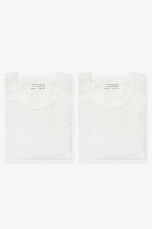 Two folded LW101 Our T-shirts in white side by side
